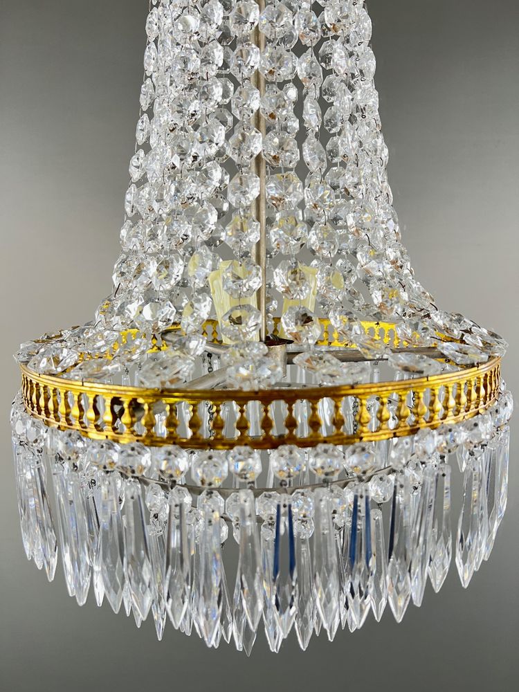 Lampadario a cesto in cristallo e bronzo dorato, stile Luigi XVI, fine XIX secolo
