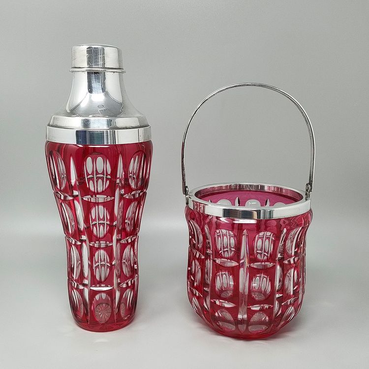 1960s Gorgeous Red Bohemian Cut Crystal Glass Cocktail Shaker With Ice Bucket. Made in Italy