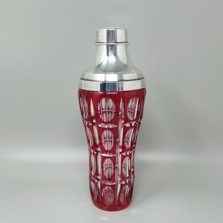 1960s Gorgeous Red Bohemian Cut Crystal Glass Cocktail Shaker With Ice Bucket. Made in Italy