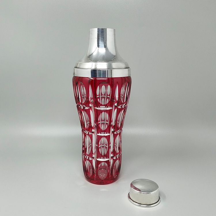 1960s Gorgeous Red Bohemian Cut Crystal Glass Cocktail Shaker With Ice Bucket. Made in Italy