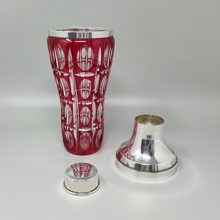 1960s Gorgeous Red Bohemian Cut Crystal Glass Cocktail Shaker With Ice Bucket. Made in Italy