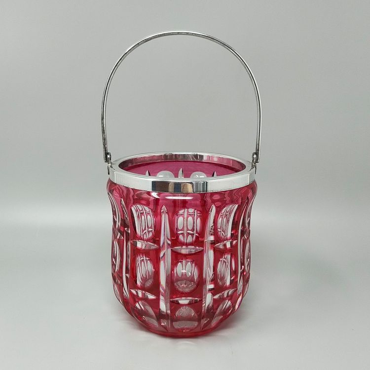 1960s Gorgeous Red Bohemian Cut Crystal Glass Cocktail Shaker With Ice Bucket. Made in Italy