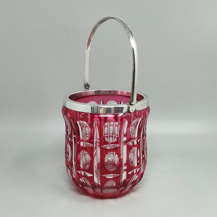 1960s Gorgeous Red Bohemian Cut Crystal Glass Cocktail Shaker With Ice Bucket. Made in Italy
