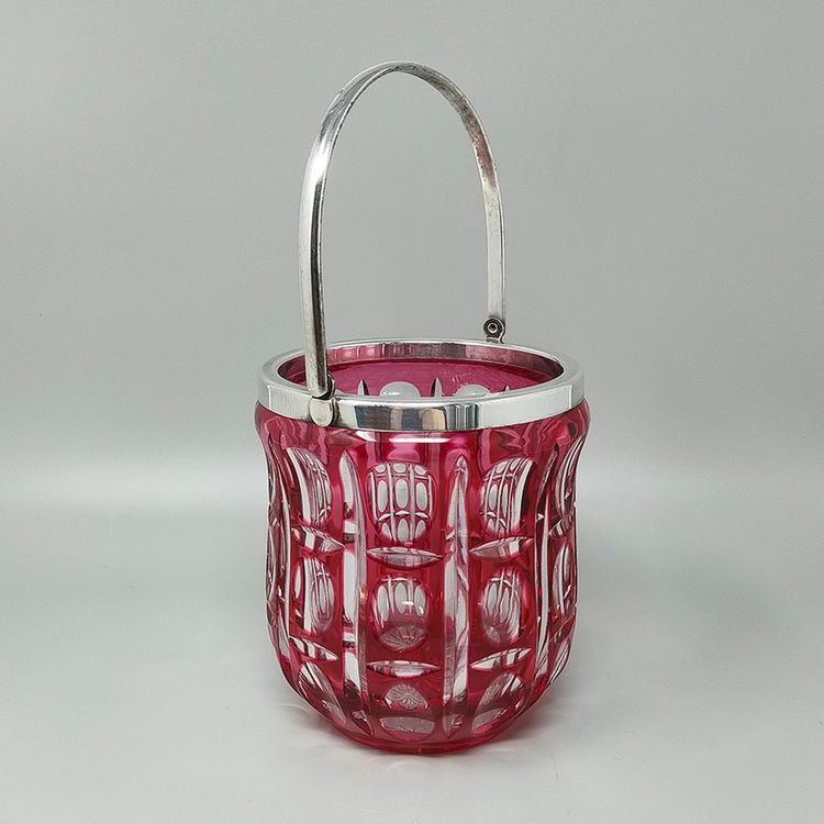 1960s Gorgeous Red Bohemian Cut Crystal Glass Cocktail Shaker With Ice Bucket. Made in Italy