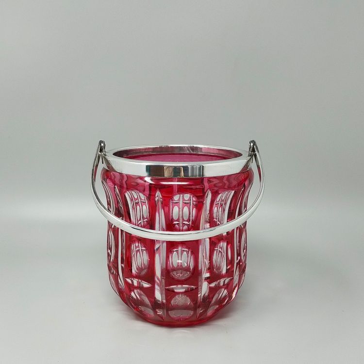 1960s Gorgeous Red Bohemian Cut Crystal Glass Cocktail Shaker With Ice Bucket. Made in Italy