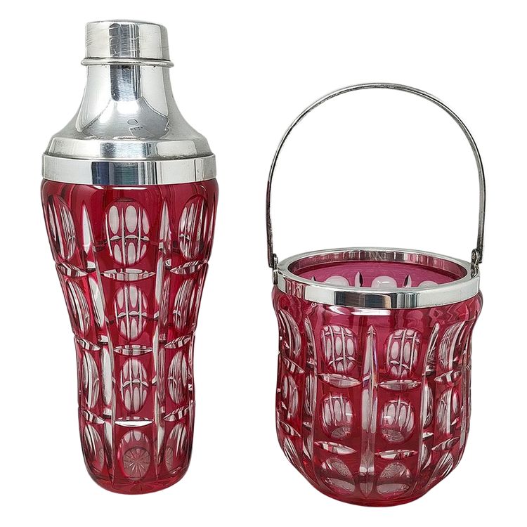 1960s Gorgeous Red Bohemian Cut Crystal Glass Cocktail Shaker With Ice Bucket. Made in Italy