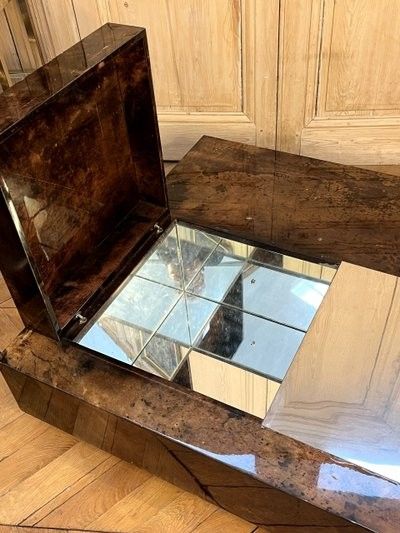 Aldo Tura (1909-1963). Large, low, square bar table, covered in parchment