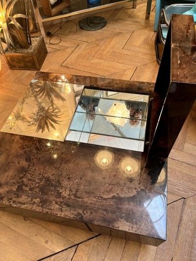 Aldo Tura (1909-1963). Large, low, square bar table, covered in parchment
