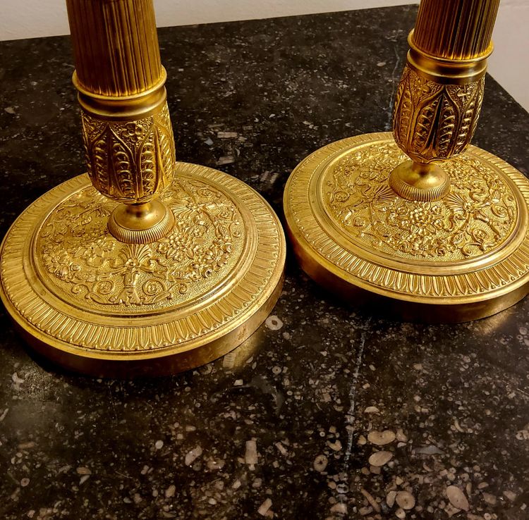 Pair of gilded and chased bronze Flambeaux Restoration 19th century