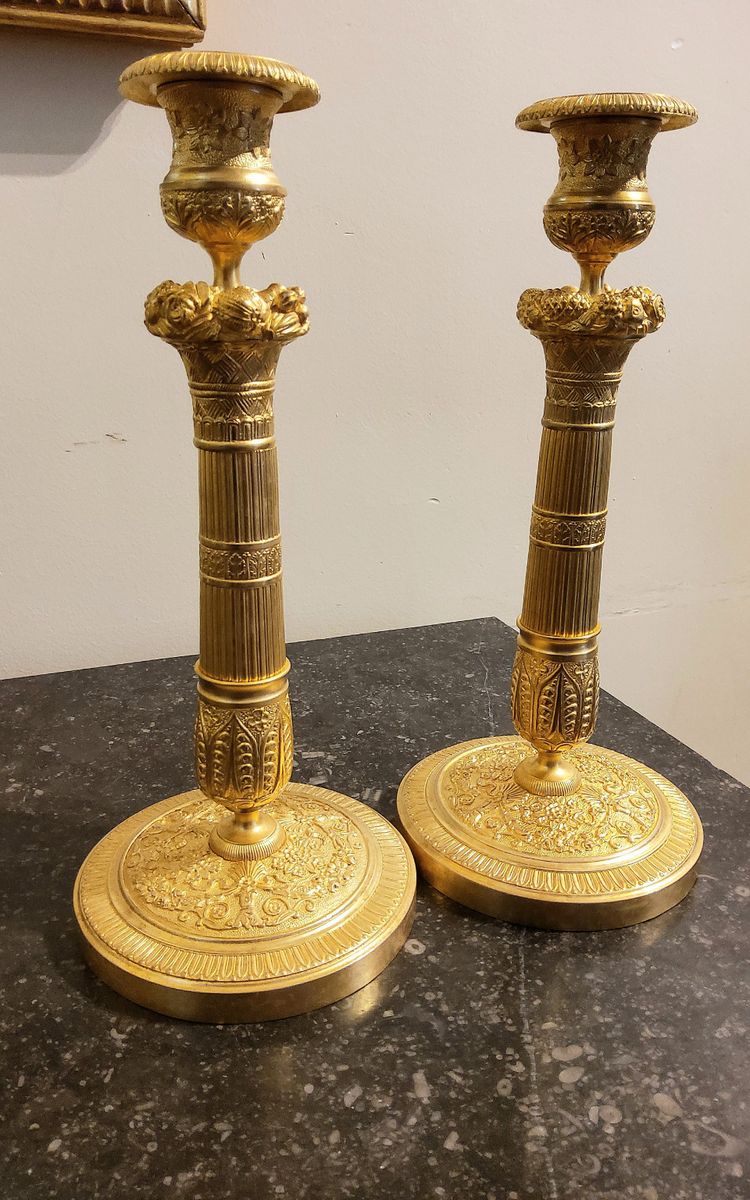 Pair of gilded and chased bronze Flambeaux Restoration 19th century