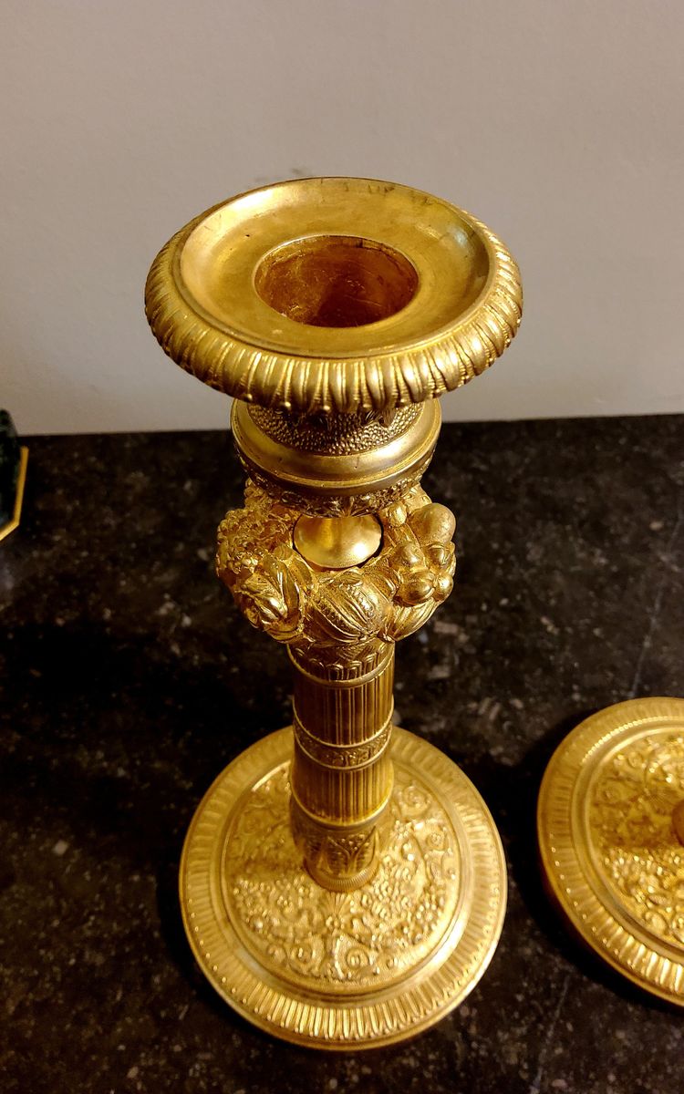 Pair of gilded and chased bronze Flambeaux Restoration 19th century