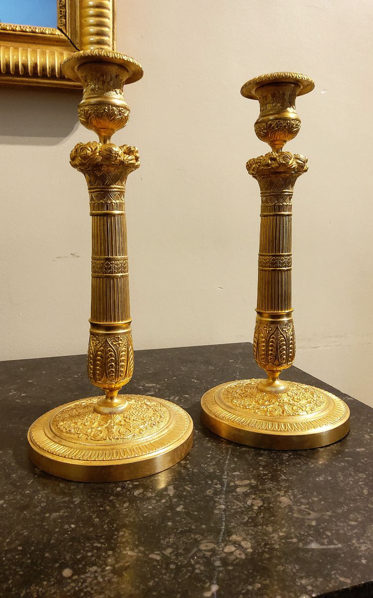 Pair of gilded and chased bronze Flambeaux Restoration 19th century