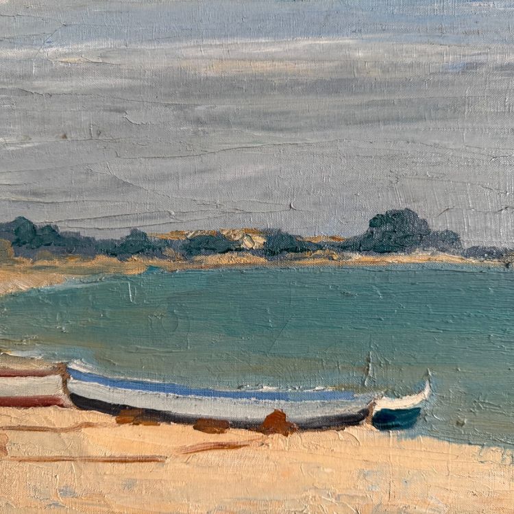 Öl auf Leinwand Meeresküste Boote an einem Strand von C. Gallos XX.