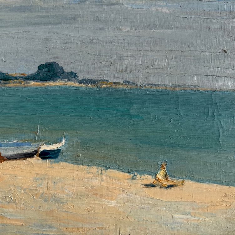 Öl auf Leinwand Meeresküste Boote an einem Strand von C. Gallos XX.