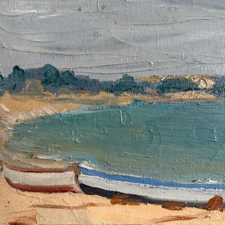 Öl auf Leinwand Meeresküste Boote an einem Strand von C. Gallos XX.
