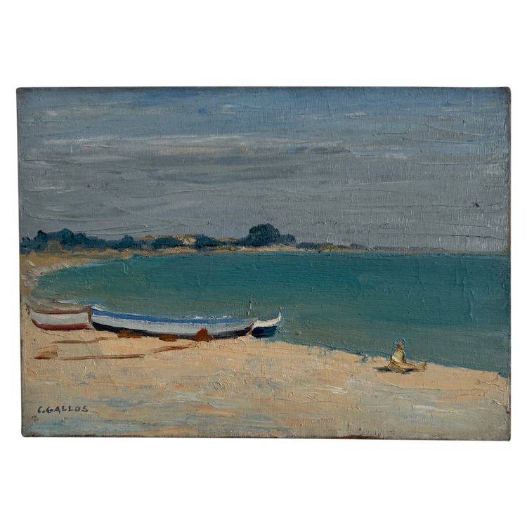 Öl auf Leinwand Meeresküste Boote an einem Strand von C. Gallos XX.