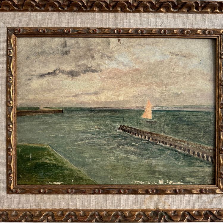 Olio su cartone Le Croisic jetée en bord de mer inizio XX secolo