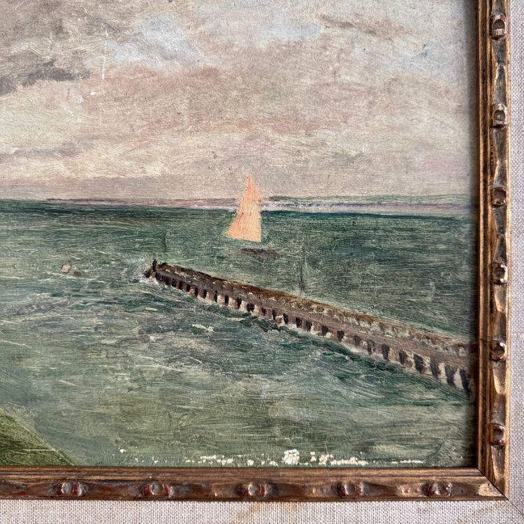 Olio su cartone Le Croisic jetée en bord de mer inizio XX secolo