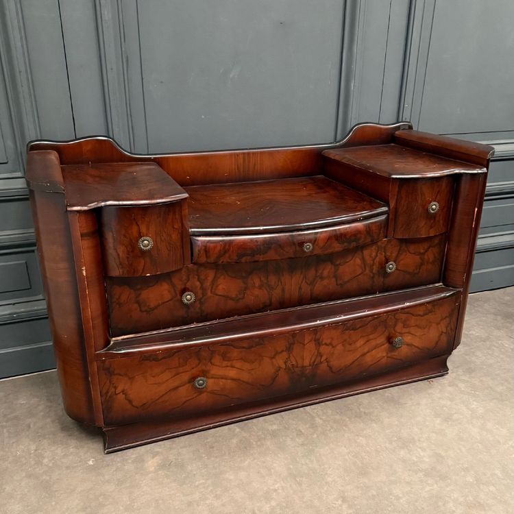 Cassettone in mogano fiammato Art Déco a 5 cassetti