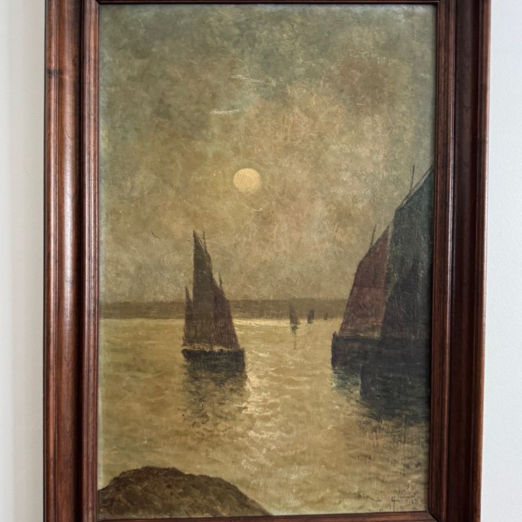Öl auf Karton Fischerboote im Sonnenuntergang von Proust