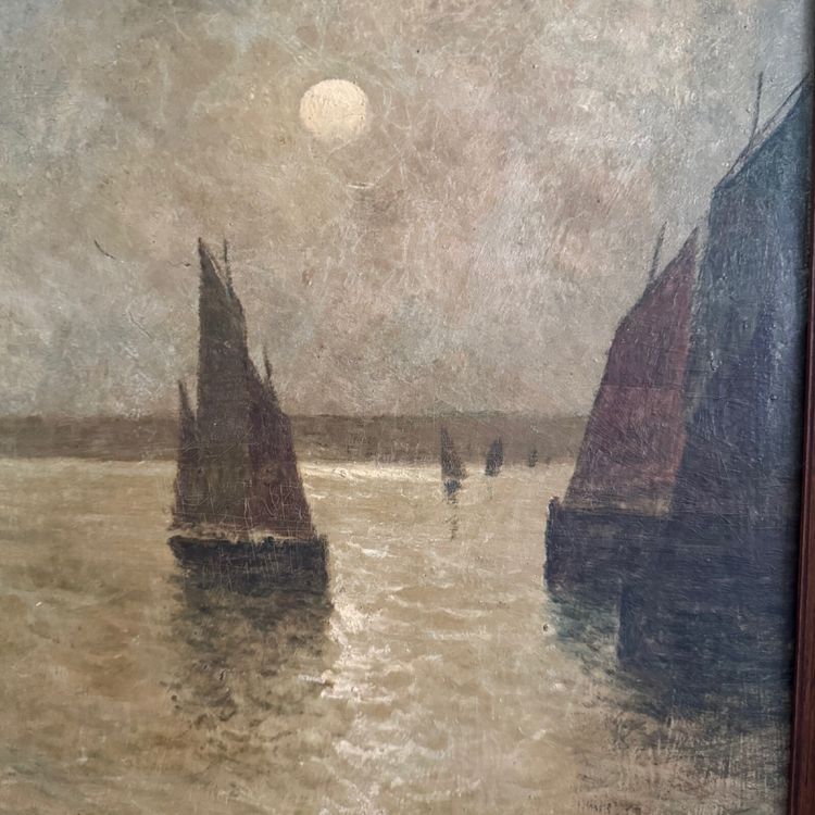 Öl auf Karton Fischerboote im Sonnenuntergang von Proust