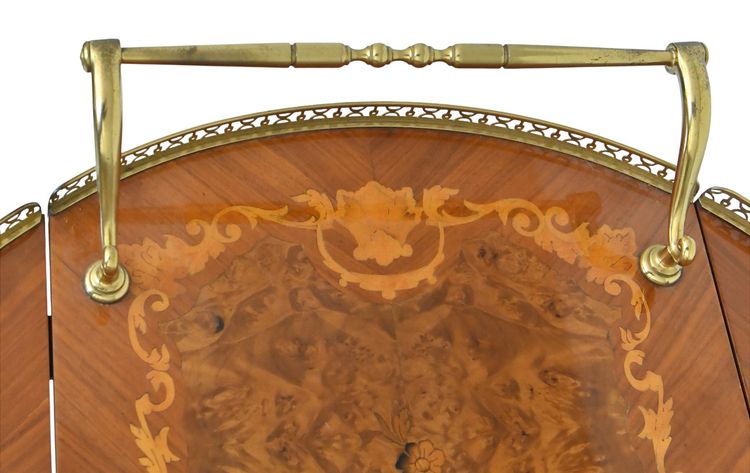 Rolling bar and side table with floral marquetry decor flaps