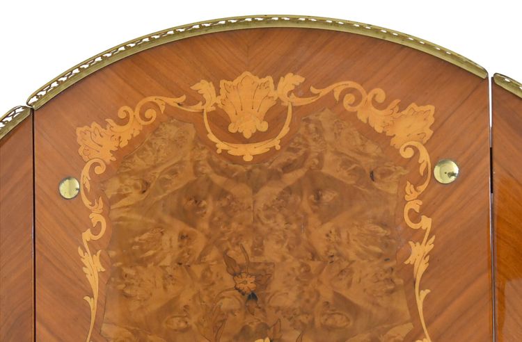 Rolling bar and side table with floral marquetry decor flaps