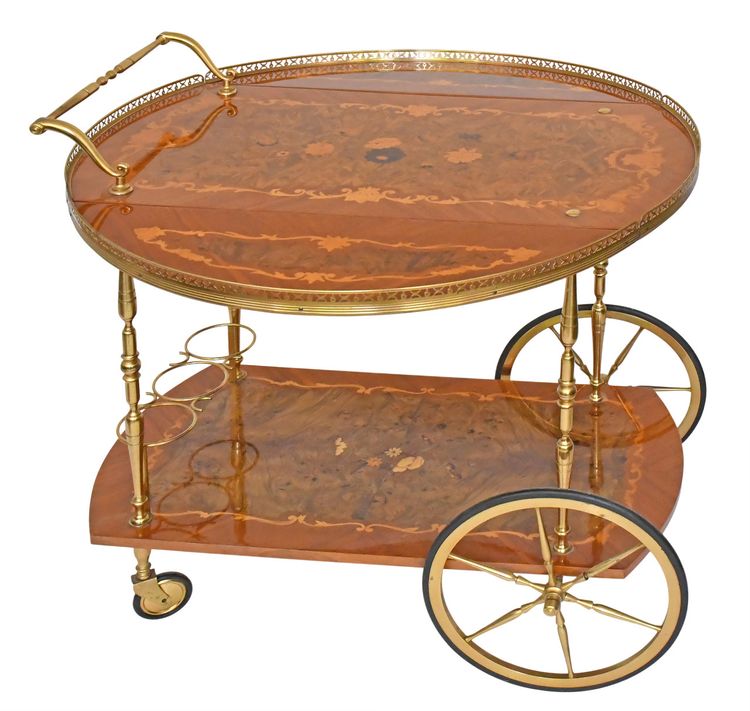 Rolling bar and side table with floral marquetry decor flaps