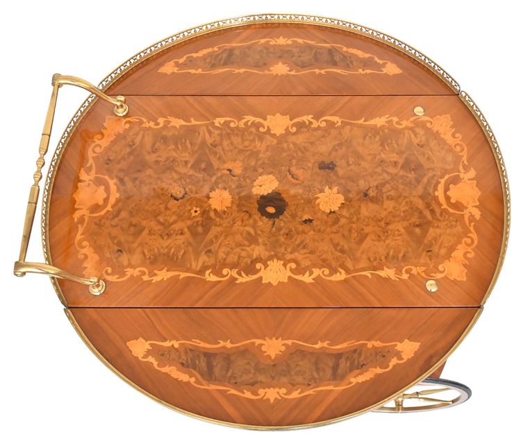 Rolling bar and side table with floral marquetry decor flaps