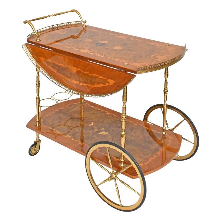 Rolling bar and side table with floral marquetry decor flaps