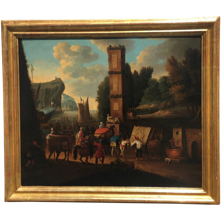 Anonyme Flamand du XVIIIe siècle, "Vue du port avec obélisque"