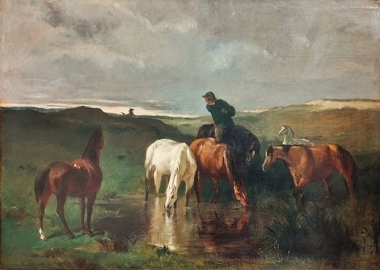Cavalli Notte paesaggio dipinto a olio su tela XIX secolo