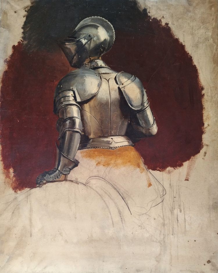 William Bouguereau studio di un cavaliere in armatura olio carboncino su carta XIX secolo