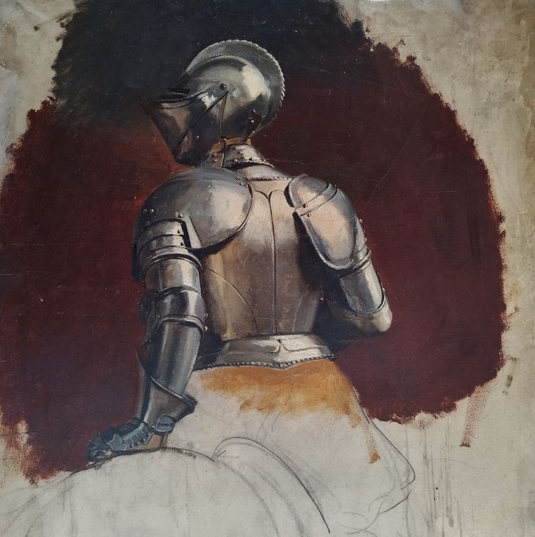 William Bouguereau studio di un cavaliere in armatura olio carboncino su carta XIX secolo