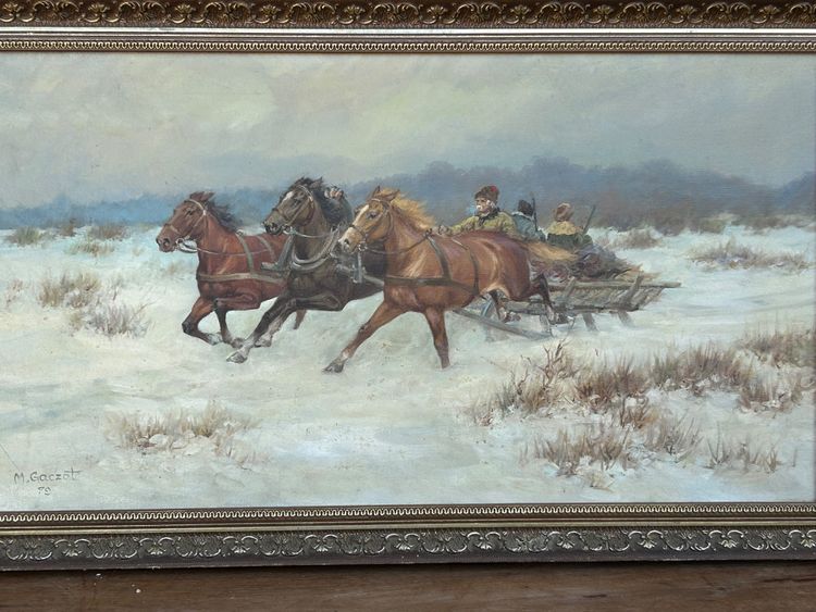 Scène De Chasse En Troïka - Scuola russa Firmato M.gaczot Datato 79 Olio su tela - Tableau