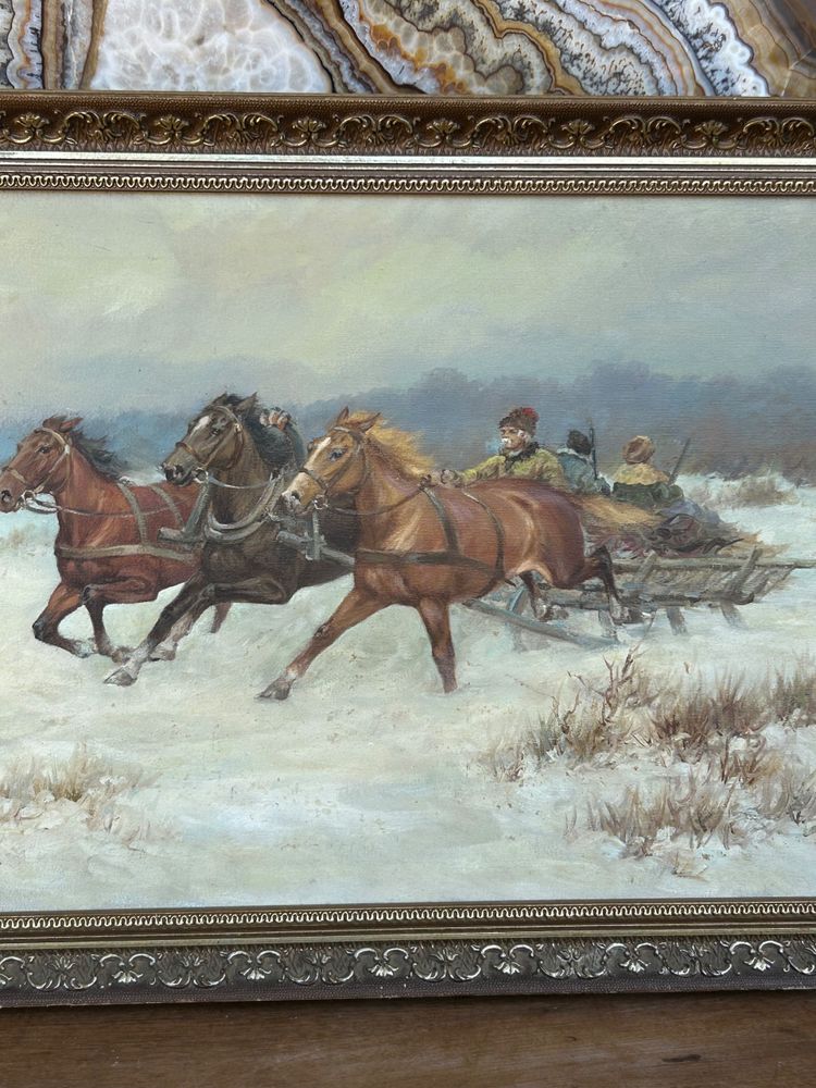 Scène De Chasse En Troïka - Scuola russa Firmato M.gaczot Datato 79 Olio su tela - Tableau