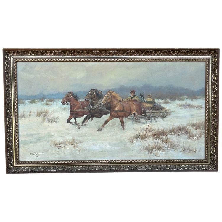Scène De Chasse En Troïka - Scuola russa Firmato M.gaczot Datato 79 Olio su tela - Tableau