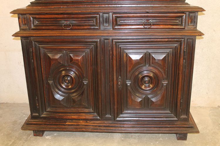 Louis XIII diminutive walnut sideboard complete with highly decorative pediment from the 17th century