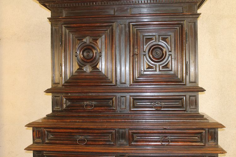Louis XIII diminutive walnut sideboard complete with highly decorative pediment from the 17th century