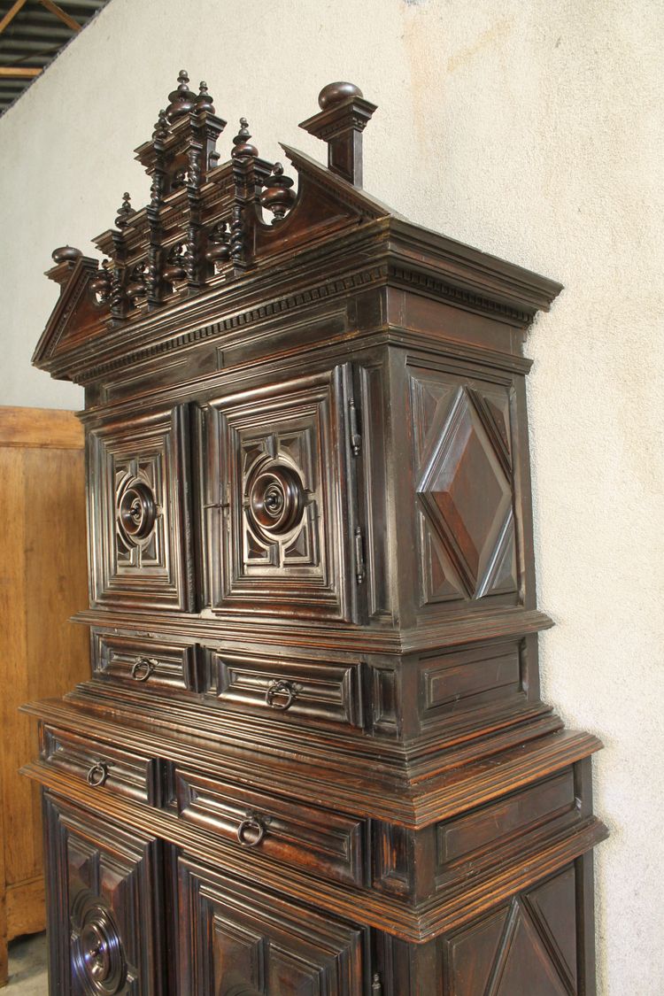 Louis XIII diminutive walnut sideboard complete with highly decorative pediment from the 17th century