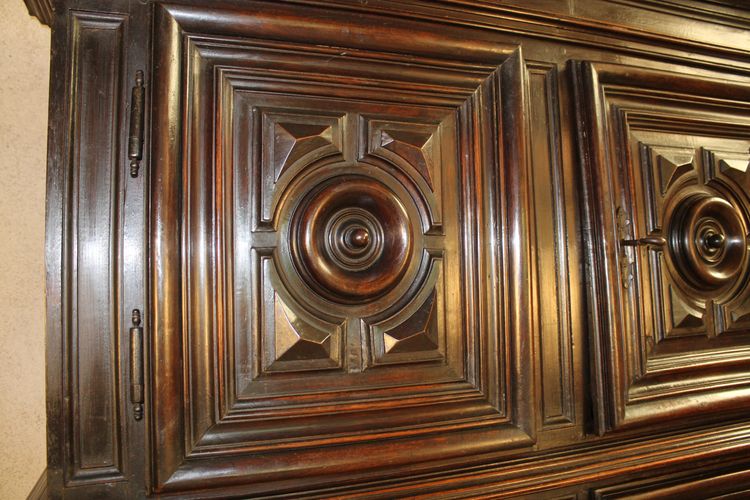 Louis XIII diminutive walnut sideboard complete with highly decorative pediment from the 17th century