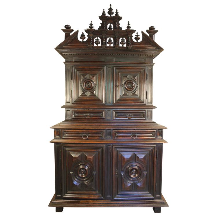 Louis XIII diminutive walnut sideboard complete with highly decorative pediment from the 17th century