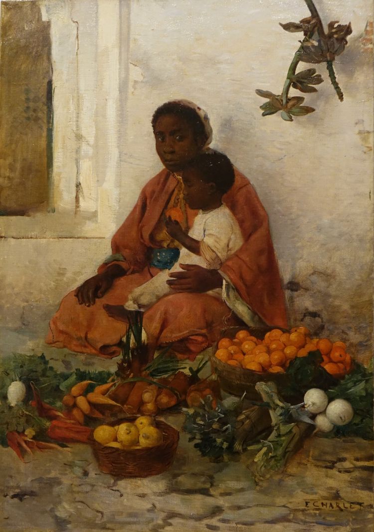Giovane venditrice di verdure e il suo bambino , E.CHARLET, 1877?