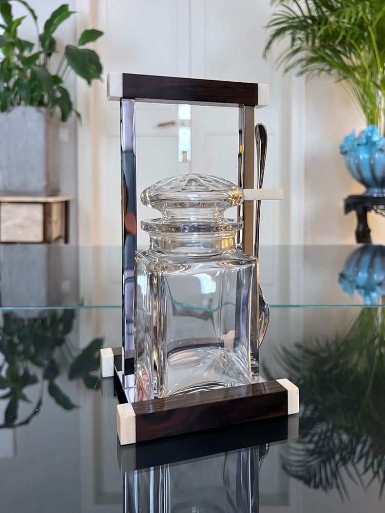 Art Deco modernist condiment server - Crystal and Macassar Ebony