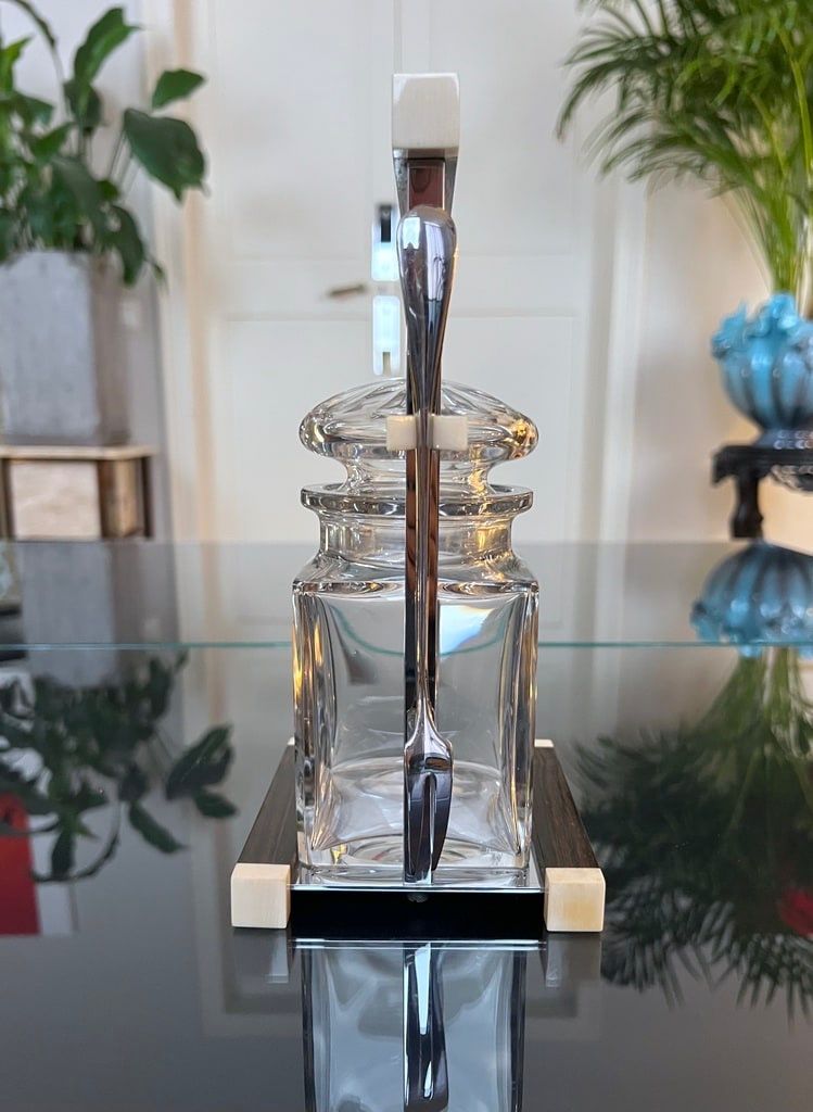 Art Deco modernist condiment server - Crystal and Macassar Ebony