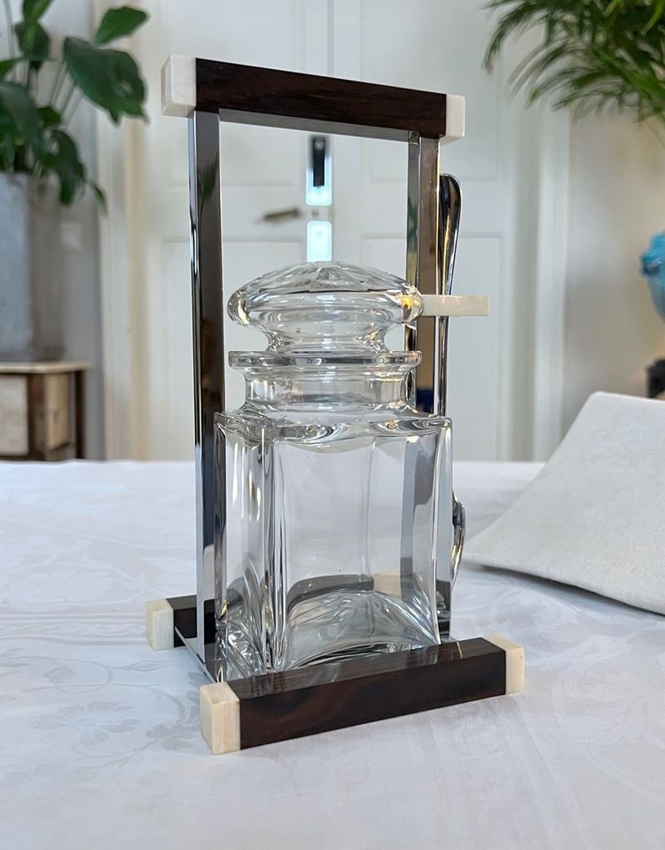 Art Deco modernist condiment server - Crystal and Macassar Ebony