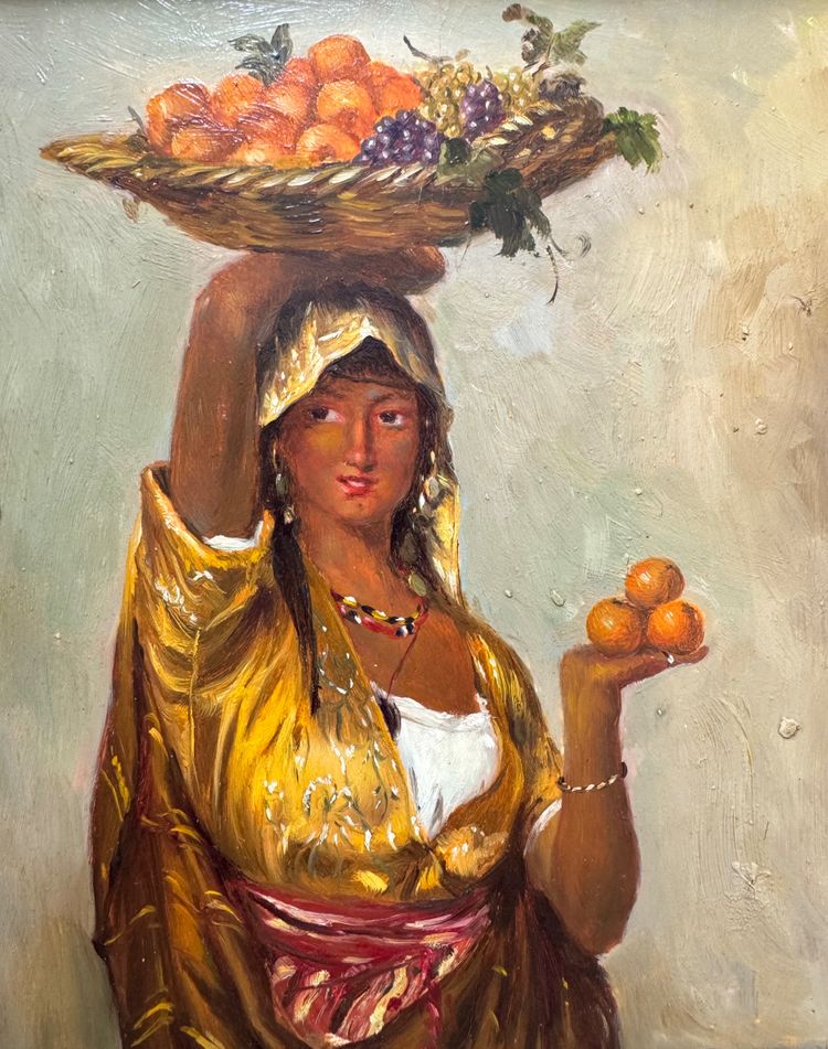 Scuola francese, donna con cesto di frutta