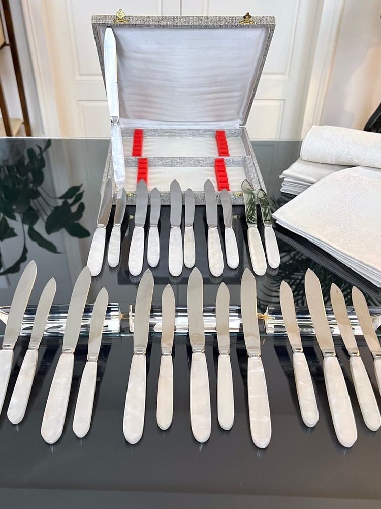 12 Vintage table knives and 12 dessert knives - Mother-of-pearl-effect handles and stainless steel blades