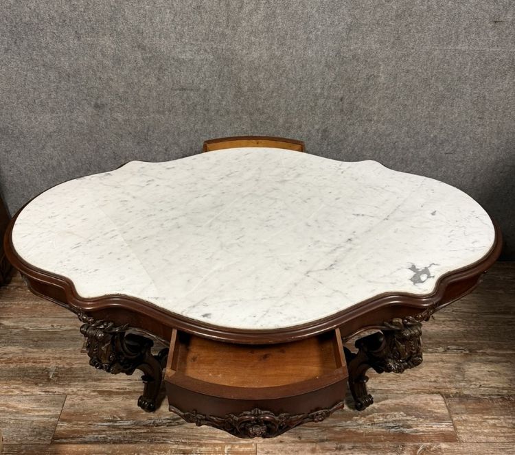 mahogany and white Carrara marble pedestal table Napoleon III period circa 1850