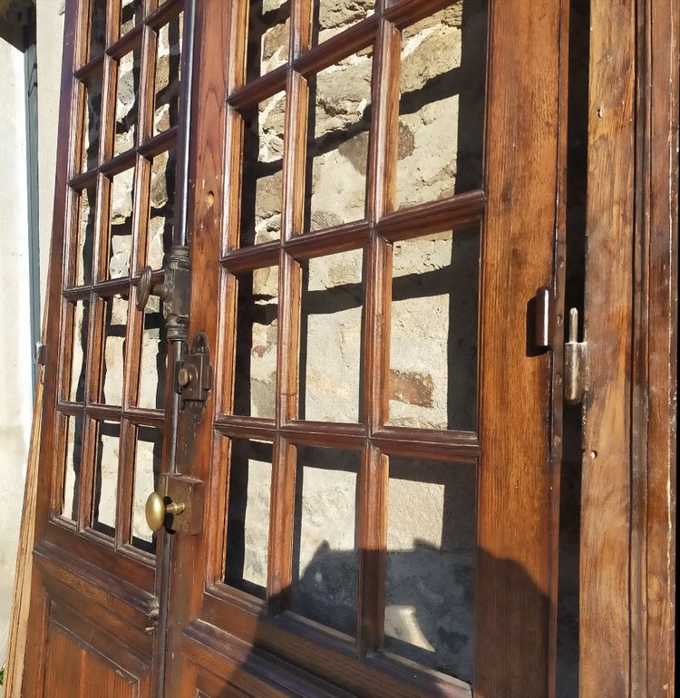 Double porte vitrée ancienne en chêne Orangerie avec son imposte cintrée